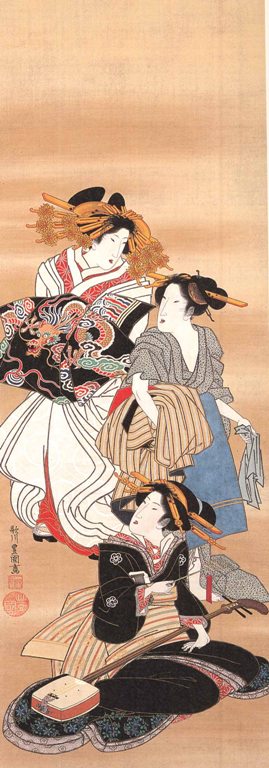 【真作】浮世絵　芸者/花魁 Yahoo!オークション - 複製 『花魁』 葛飾北斎 工芸 紙本 掛軸 浮世絵